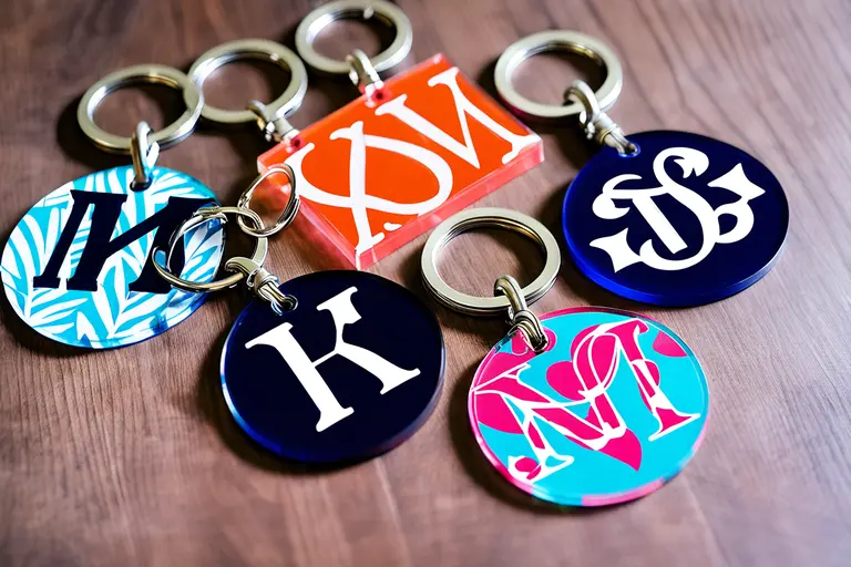 printed acrylic monogram keychains on a table