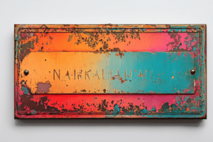 a flat rectangular nameplate with faded colorful artwork