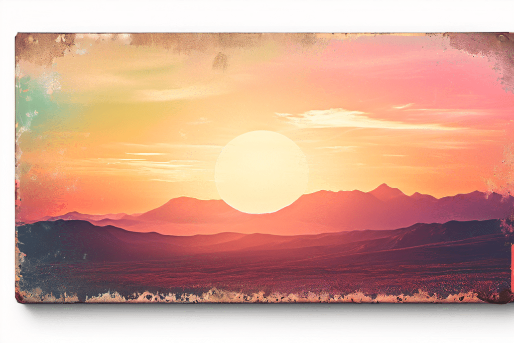 a flat rectangular nameplate with faded colorful artwork super raw natural image sun effect