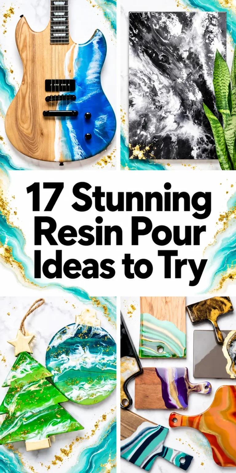 Collage of resin pour craft projects with text reading 17 Stunning Resin Pour Ideas to Try